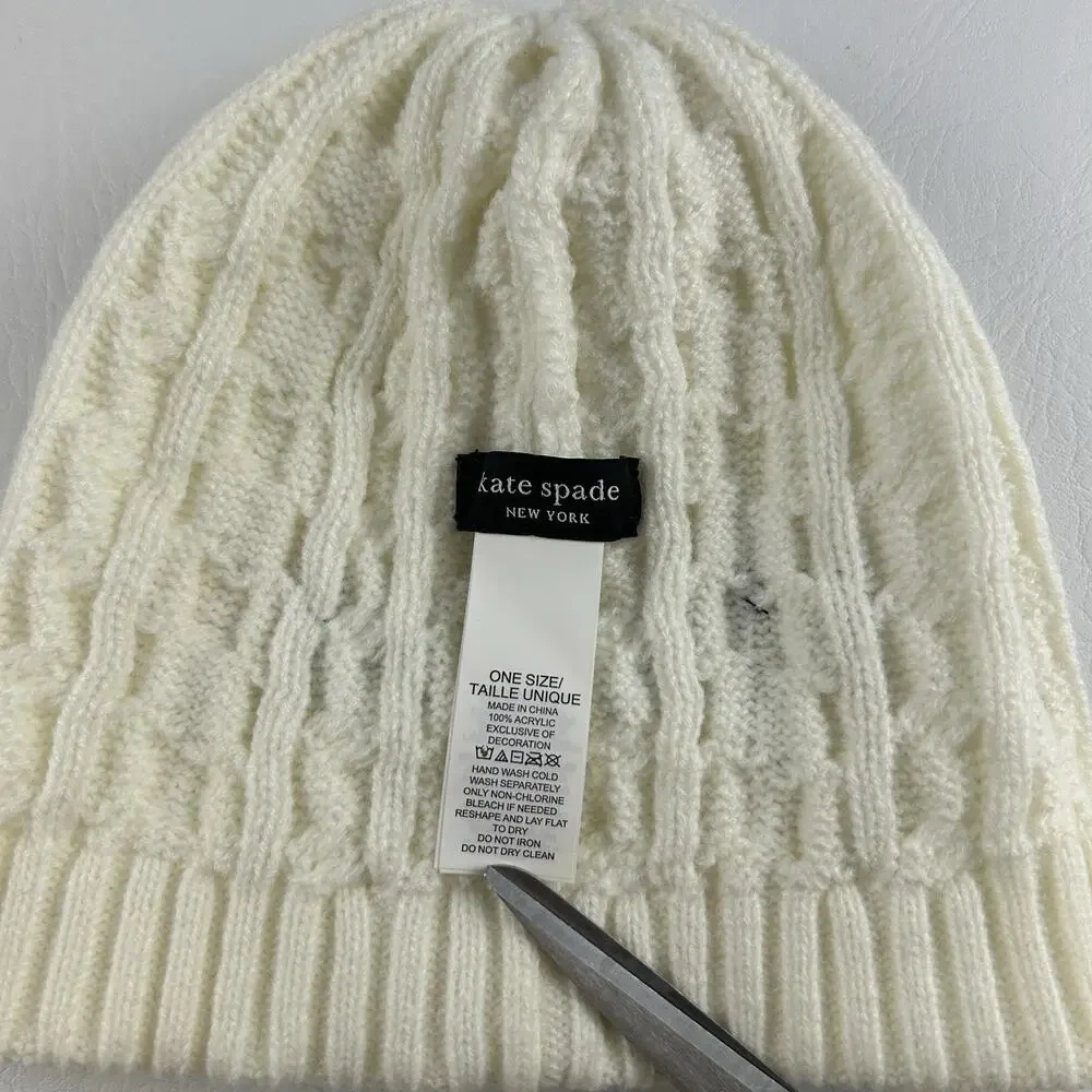 Kate Spade New York Women’s Ivory Cable Knit Beanie Black Bow Cuffed Hat
